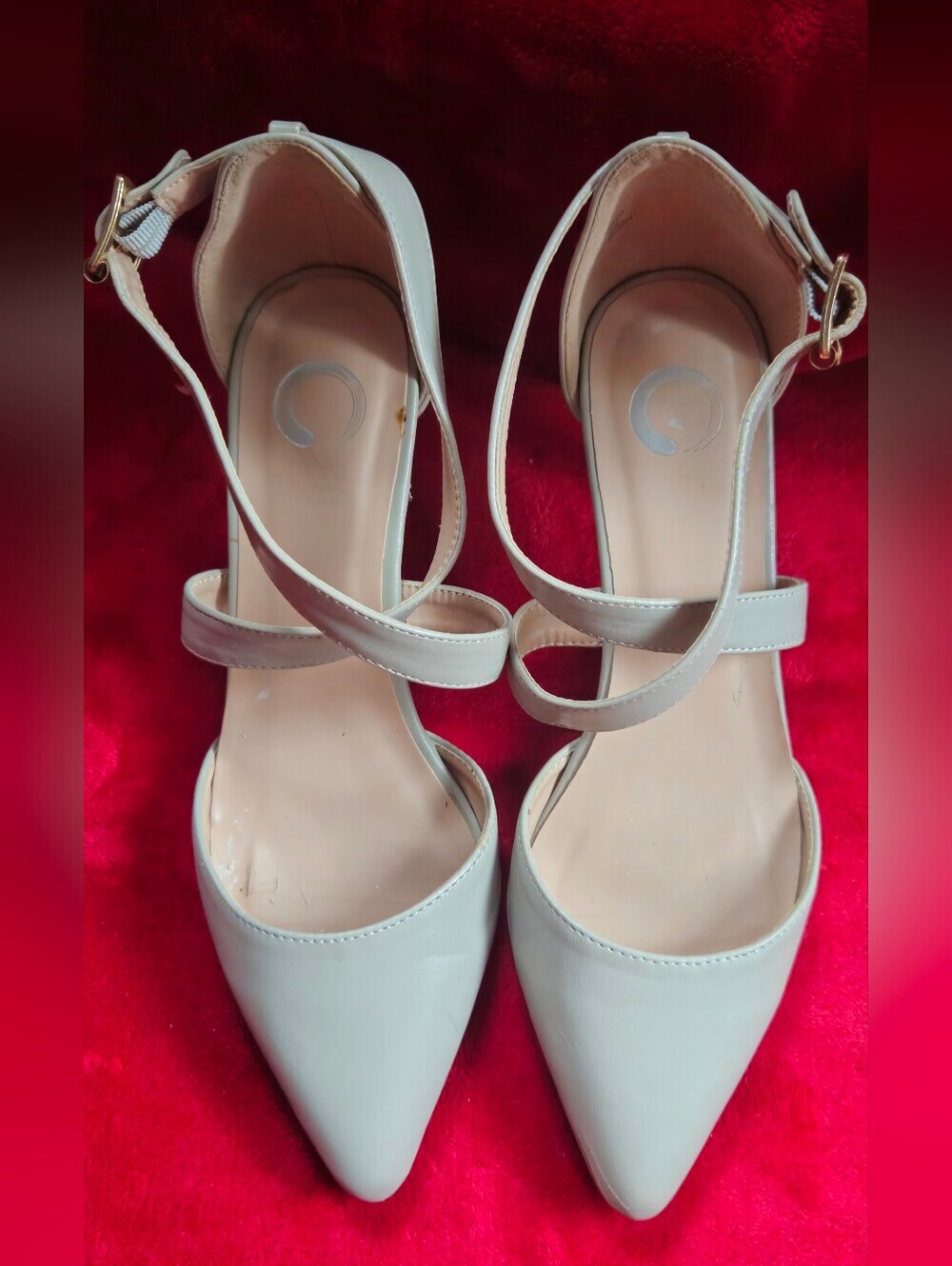 Journee Collection Taupe Pointed Toe Criss-Cross Ankle-Strap Heels - Size 6.5